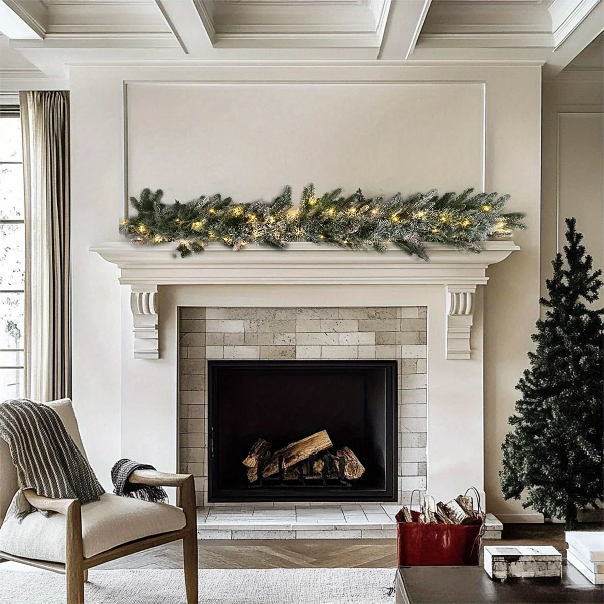 Pre-Lit Greenery Pine Cone Flocking Garland -1Piece