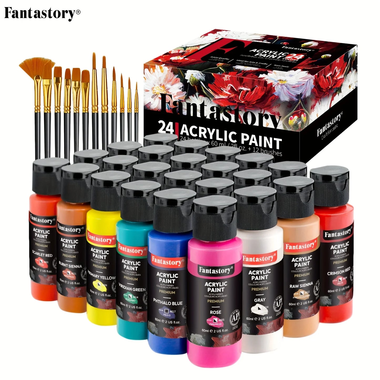 Professional Acrylic Paint Set With 12 Brushes